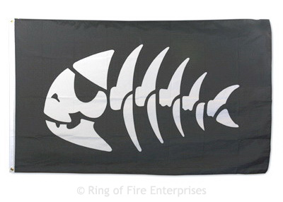 Jolly Pirate Fish Bones Flag (medium) pirate, pirates, jolly pirate, fish skeleton, Bobby Henderson,fsm,flying spaghetti monster,flag